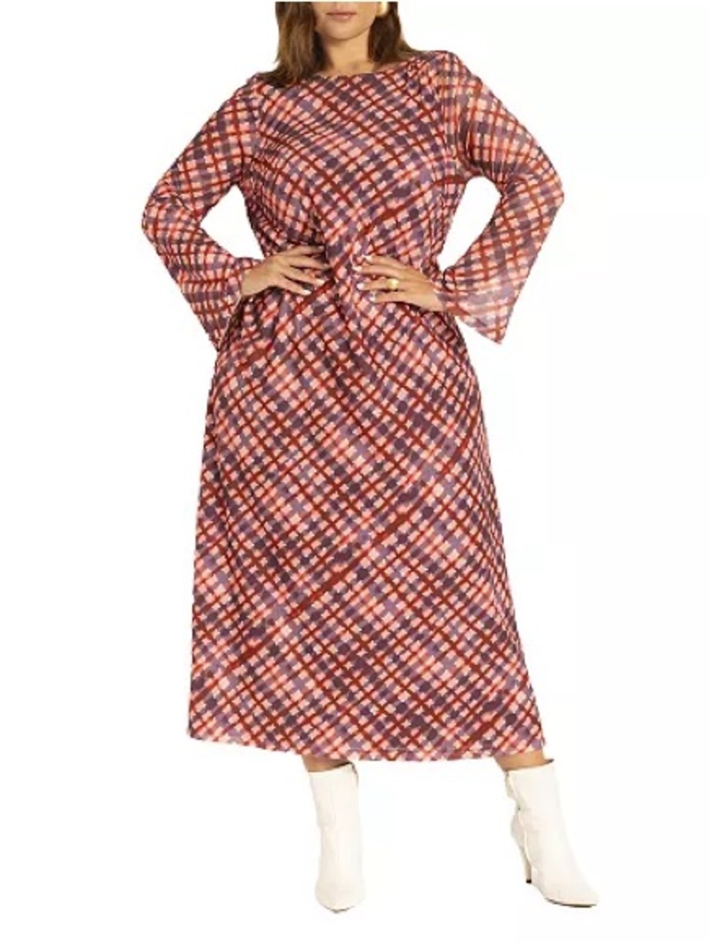 ELOQUII Plaid Long Sleeve Midi Dress in Red and Pink Plaid